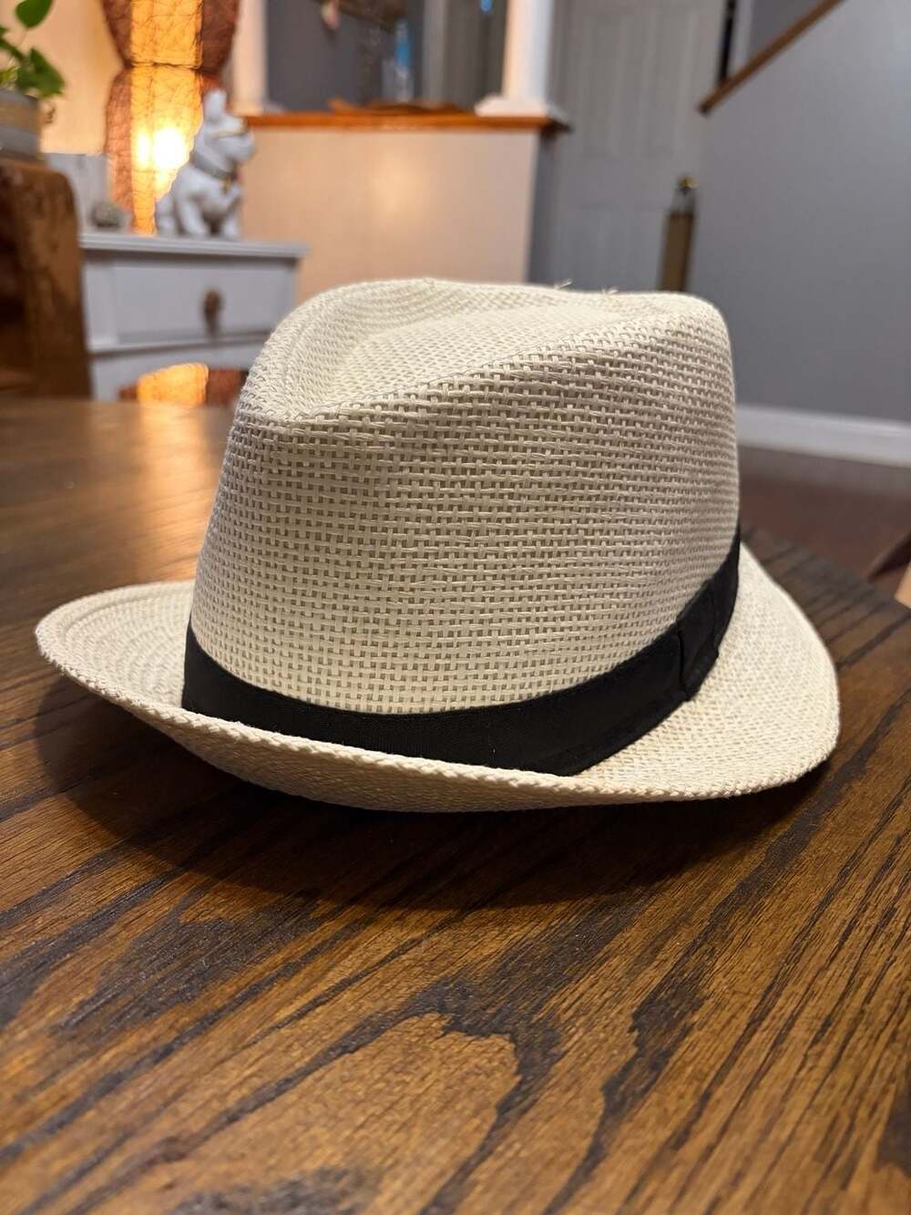 Unbranded Beige Paper Straw Fedora Summer Beach Hat with Black Ribbon Band Size